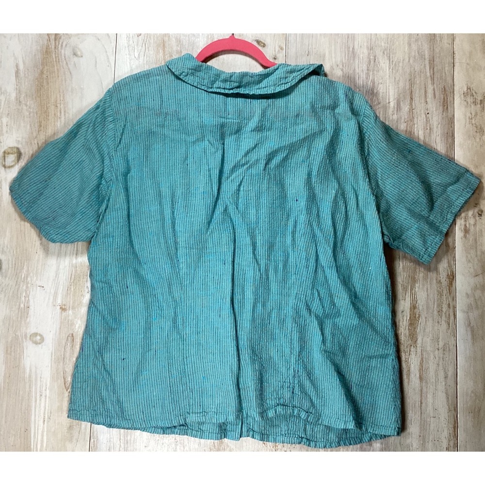 FLAX 100% Linen Turquoise Blue Stripe Short Sleeve Button Up Shirt L Minimalist - Picture 2 of 7
